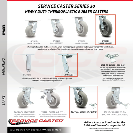 Service Caster 8 Inch SS Thermoplastic Rubber Swivel Caster with Roller Bearing and Swivel Lock SCC-SS30S820-TPRRD-BSL